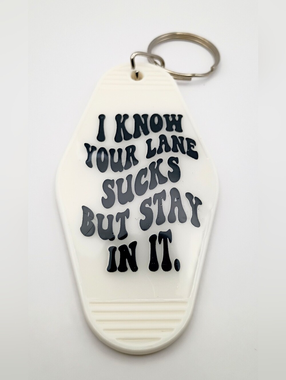 Retro Motel Keychain Funny Stay In Your Lane Quote Black White Keyring - Picture 2 of 2